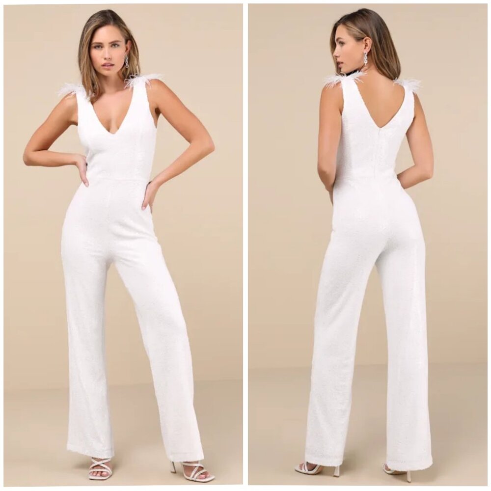 Lulus Shiny Perfection White Sequin Feather Rhinestone Jumpsuit Size Large